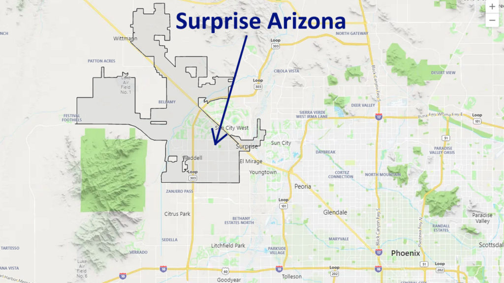 Surprise Arizona Map of Phoenix Valley and Surprise AZ