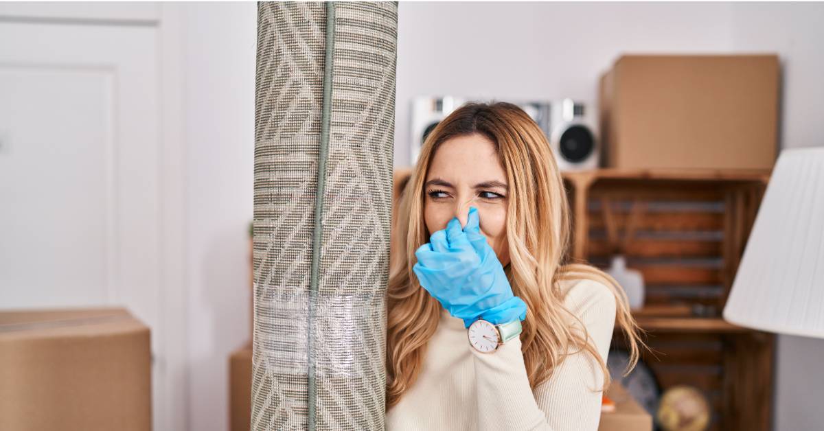 A woman holding her nose as she's holding up a rolled-up carpet. She is in a room that has boxes and a lamp.