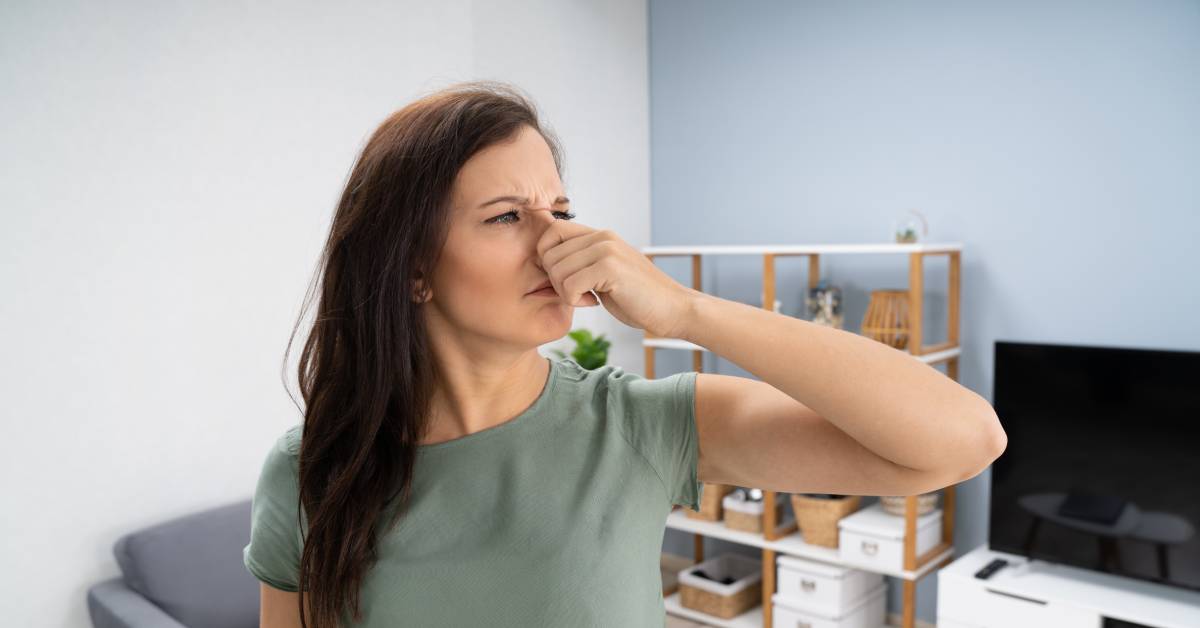 A woman holding her nose with an unpleasant look. She is inside a house with a chair and a television.