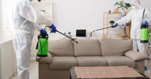 Two people in hazmat suits using a cleaning device on a couch. There is also a table in front of the couch.