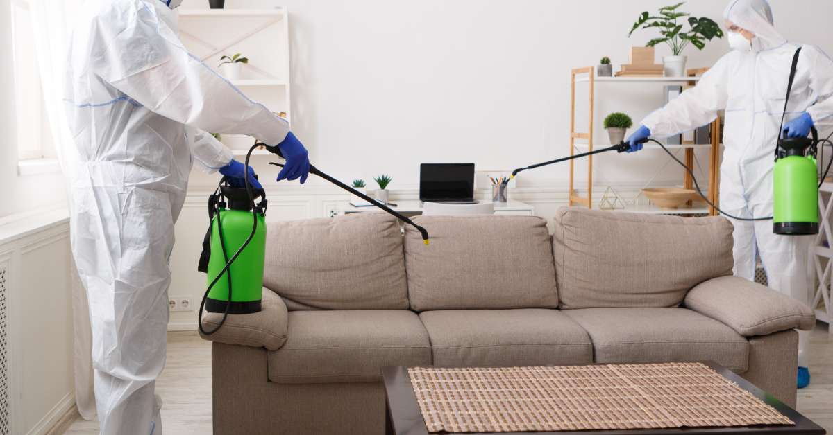 Two people in hazmat suits using a cleaning device on a couch. There is also a table in front of the couch.