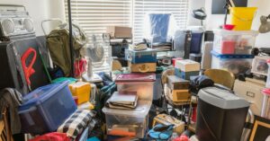 A room filled with packed containers of varying sizes. There is little space in the room and the blinds are closed.