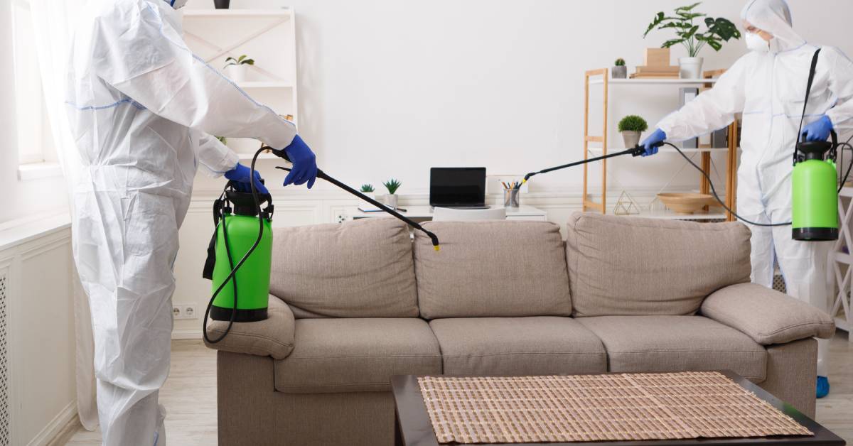 Two people in protective suits in a living room, spraying a solution onto a couch. There's a table in front of the couch.