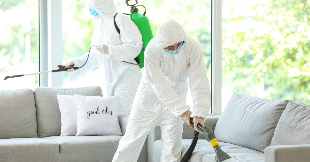 Two people inside of a home wearing white hazmat suits. One person is spraying, and the other person is vacuuming.