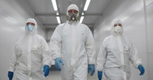 Three hazmat workers walking in a row down a white-walled hallway. The one in the middle wears a gas mask.