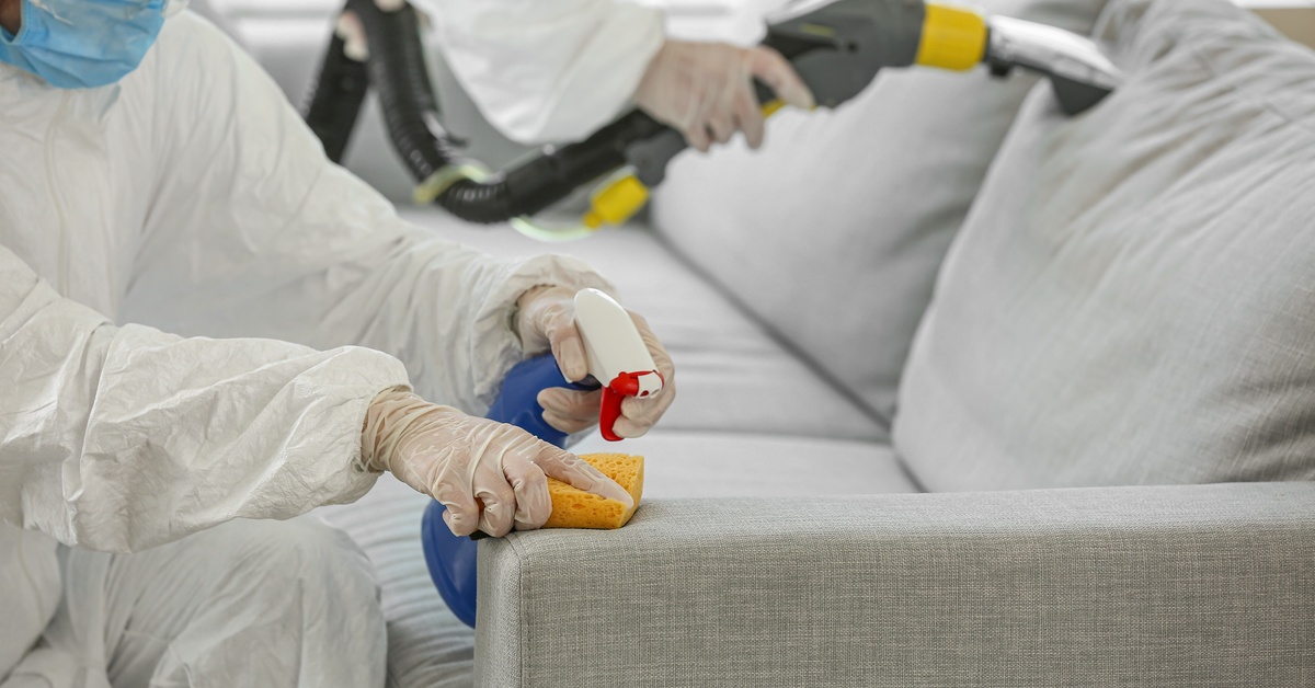 Two workers in white hazmat suits cleaning a couch. One holds a spray bottle and a sponge while the other has a vacuum.
