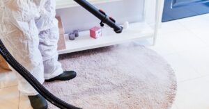 A close-up of a person's legs wearing a full-body protective suit and using a stem cleaner to disinfect a home.